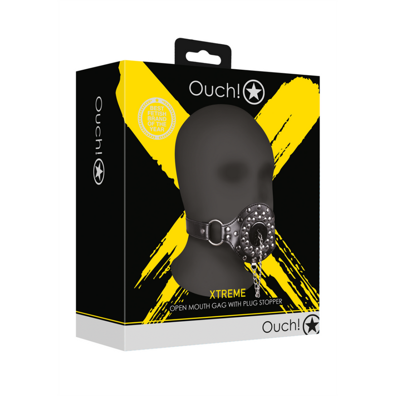 Open Mouth Gag with Plug Stopper - Black